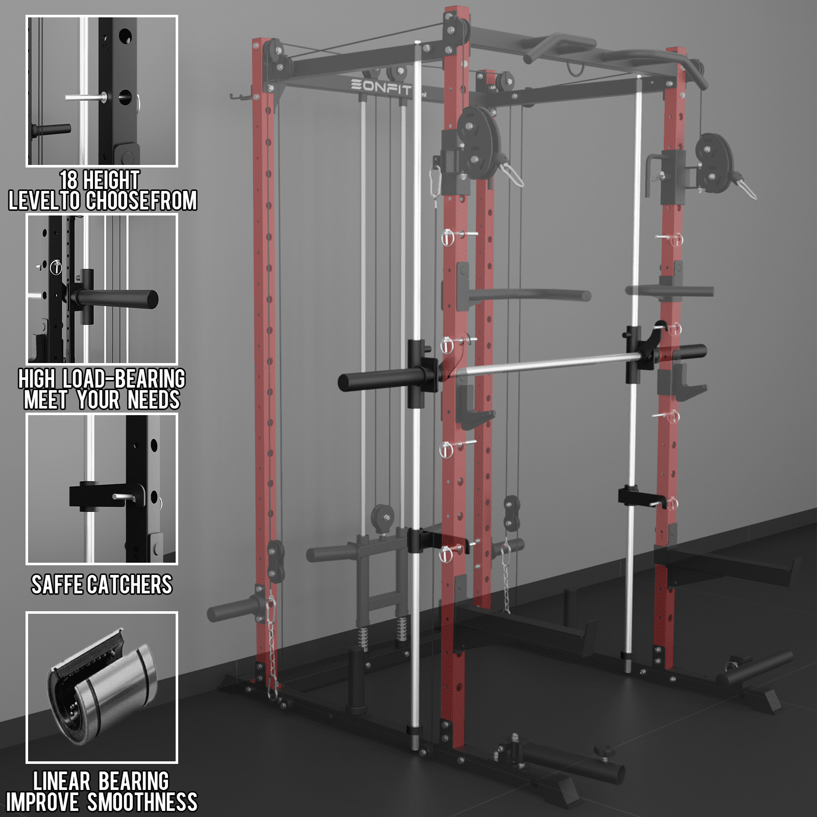 Eonfit E3 Smith Machine for Home Gym Equipment, Multi-Function Power Cage Squat Rack with Cable Crossover LAT Pulldown Pulley System All in One (E3 RED STD)
