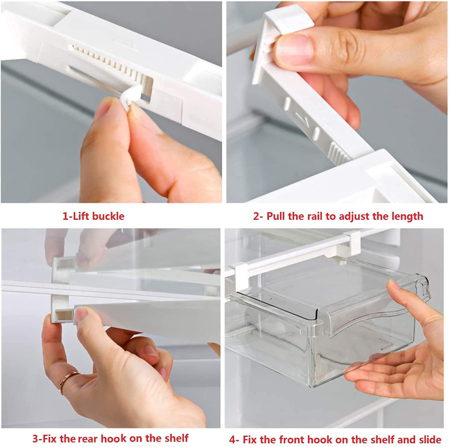 Refrigerator Pull Out Bin,Snap On Drawer Fridge Mate,Fridge Storage Box/Drawers/Rack, Refrigerator Bin Home Organizer for Fridge Shelf Thickness Under 0.6"