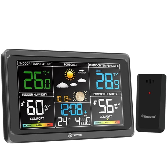 Geevon Station Météo Sans Fil pour l'Intérieur et l'Extérieur, Thermomètre Météo Numérique à Affichage Couleur avec Baromètre, Port de Chargement USB et Rétroéclairage Réglable (Station Météo avec 1 Capteur)