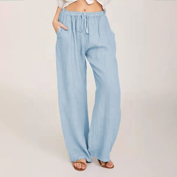 zanvin Women's Casual Solid Cotton Linen Drawstring Elastic Waist Wide Leg Cargo Pants
