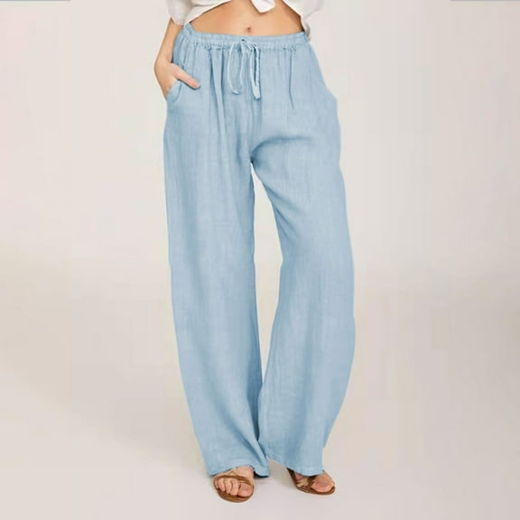 HERESOM Women Plus Size Cotton Linen Wide Leg Pants Casual Loose Fit Elastic High Waist Drawstring Palazzo Pants Trousers Womens Clothes S-4XL
