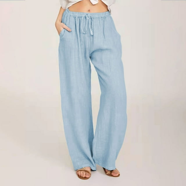 Simua Fashion Womens Pants Drawstring Elastic Waist Casual Wide Leg Trousers with Pockets