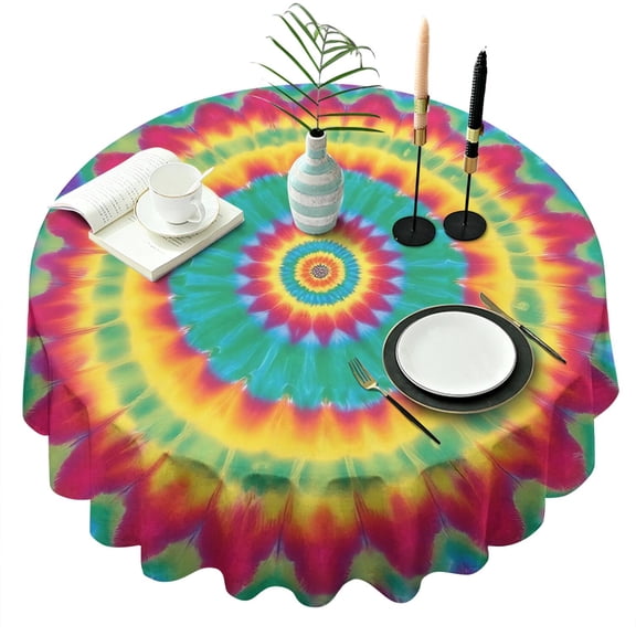 Colorful Tie Dye Petal Mandala Pattern Round Tablecloth 60"x60",Wrinkle Wipeable Table Cloth for Kitchen Dining Room Picnic Patio Party