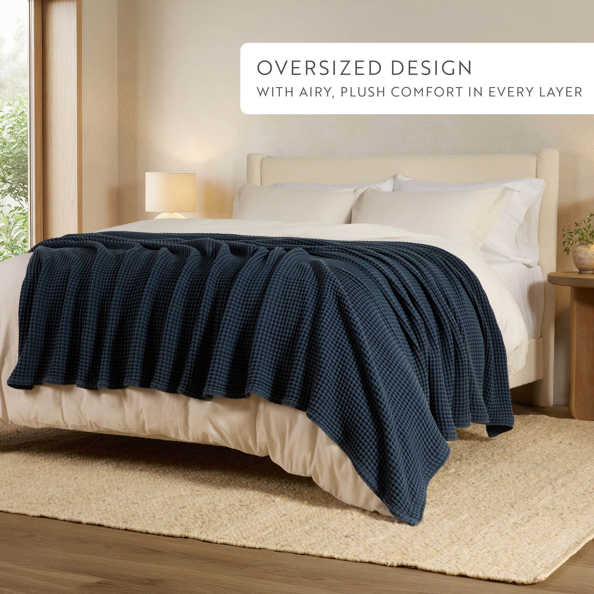 Noble Linens 100% Cotton Waffle Texture Bed Blanket, Navy, King/Cal King