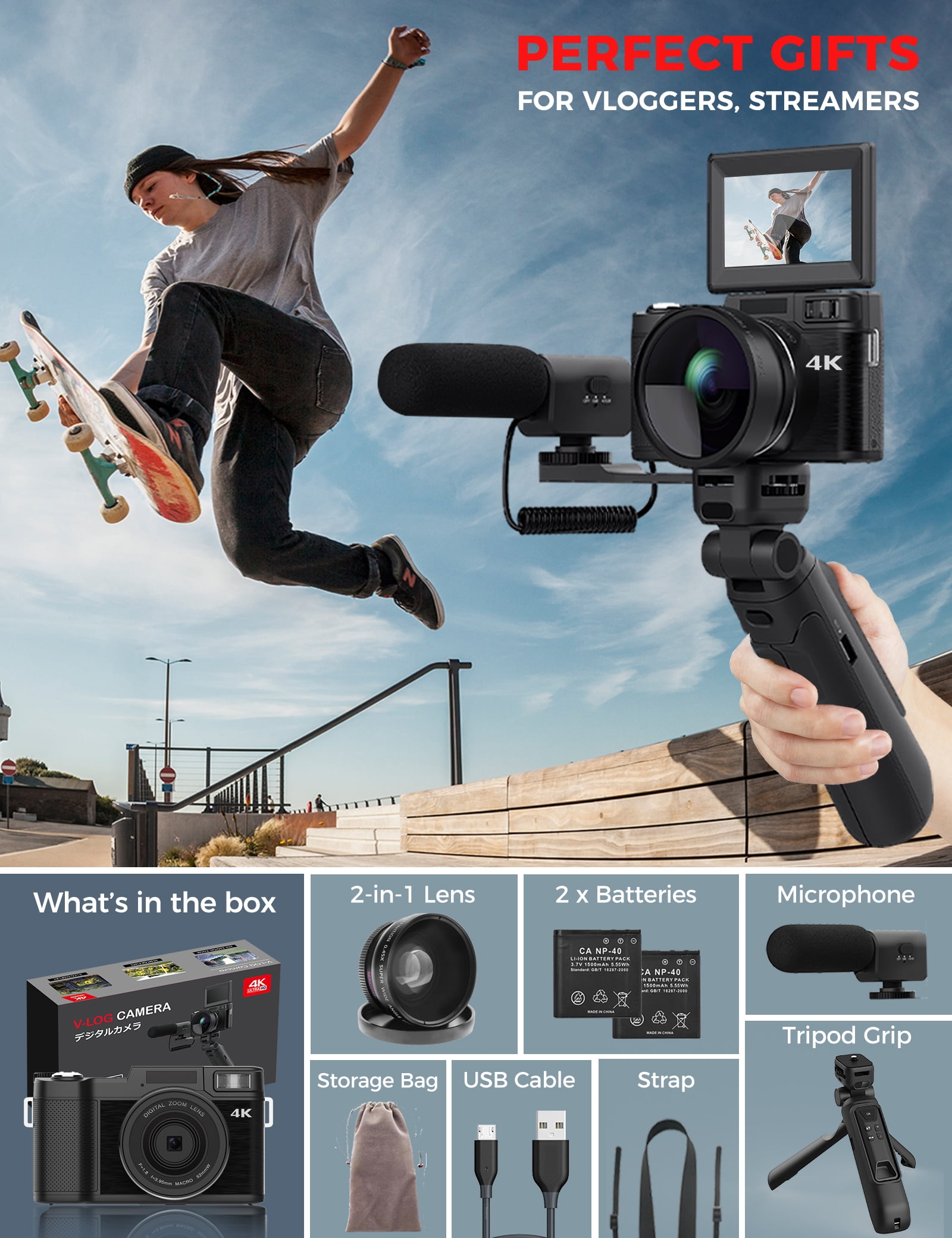 4K Digital Camera with Creator Accessory Kit Autofocus Vlogging Camera Remote Control with Flip Screen, Grip, Wide Angle Lens, Mic