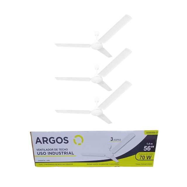 Pack 3 Ventiladores De Techo Argos Industrial Blanco 142cm, 3 Aspas, 5 Velocidades, Potente Flujo De Aire Para Grandes Espacios