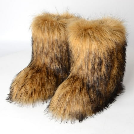 

Women s Faux fur Boots Winter -Calf Warm Snow Boots Fuzzy Fluffy Furry Comfy Short Boots Indoor Outdoor Flat Boots