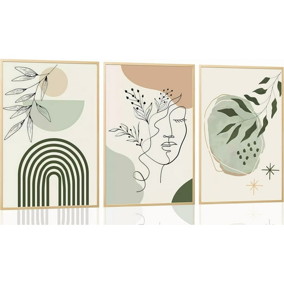 Hieng 3pcs Abstract Boho Style Wall Art Green Plant Canvas Prints Poster Pictures Simple Geometric Lines Beige Green Paintings Decoration for Living Room Bathroom Bedroom Wall Decor