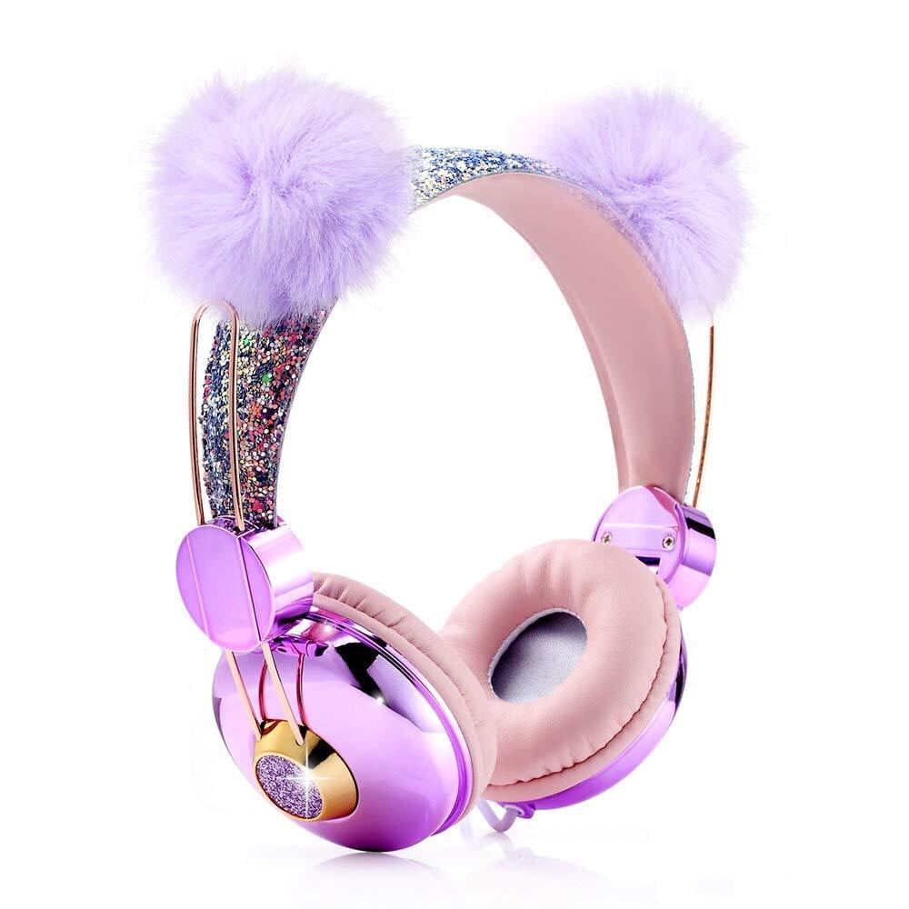 Kids Headphones Glitter Bear Ear Volume Limiting Adjustable Cute Anime