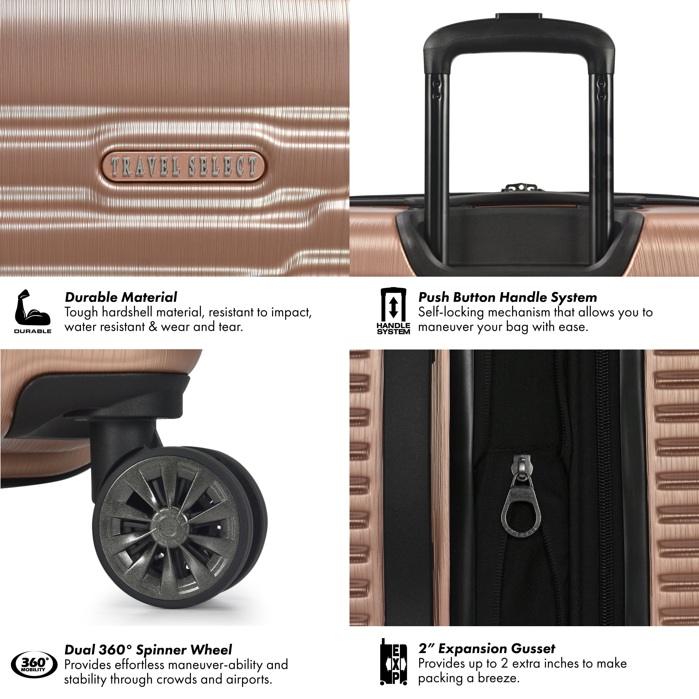 Travel Select Sunny Side Hardside Spinner Luggage with USB Port, Rosegold, 22" Carry-On