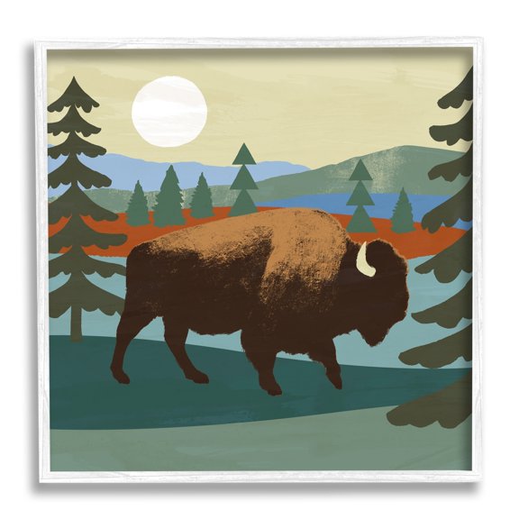 Stupell Industries Sunny Wild Bison Woodlands Lake Trees Collage Graphic Art White Framed Art Print Wall Art, 12x12, by Victoria Barnes