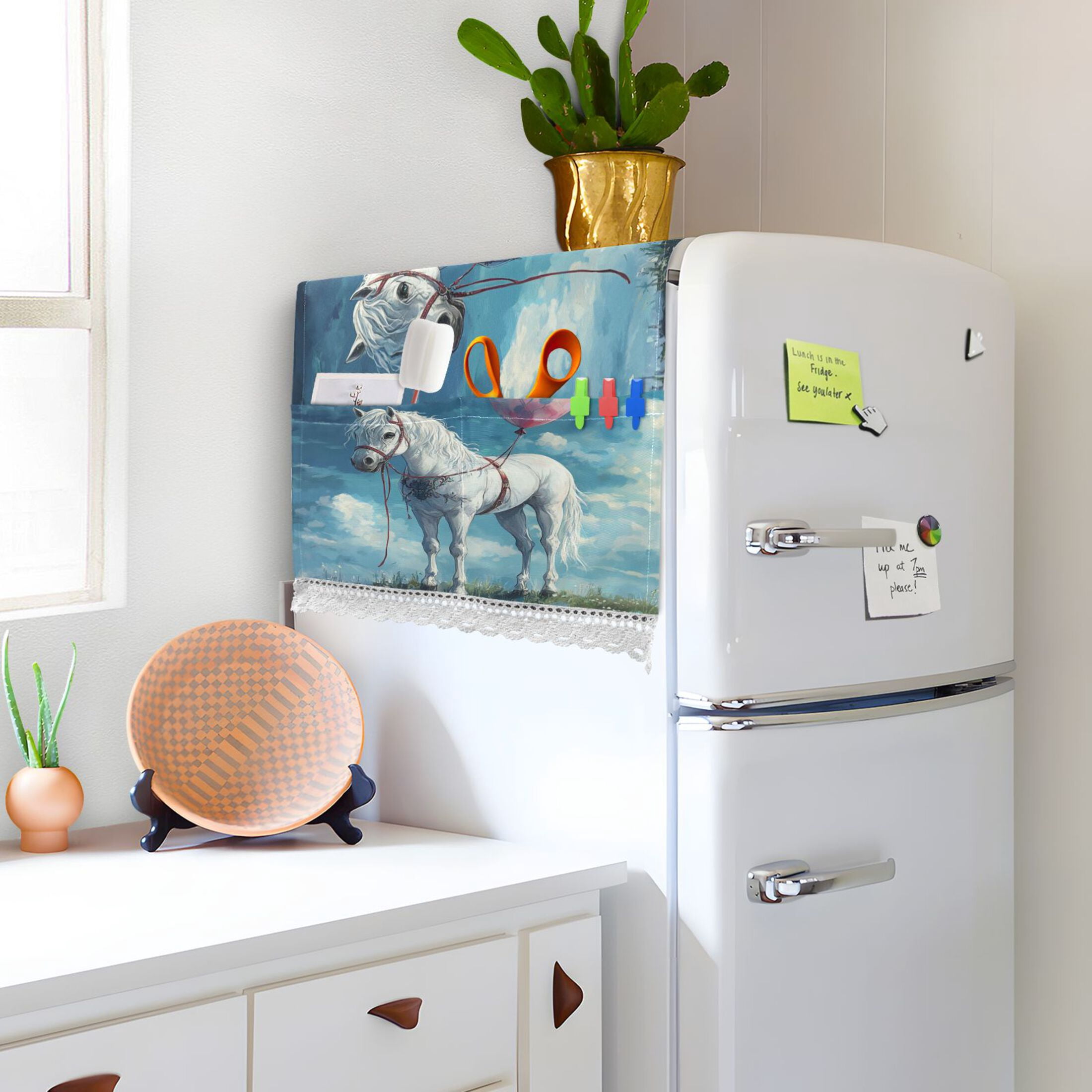 A White HorseWasher and Dryer Covers Dust-Proof and Oil Resistant Fridge Cover with 4 Storage Pockets Washing Machine Top Cover for Laundry Kitchen Home 51.2 x 22 In