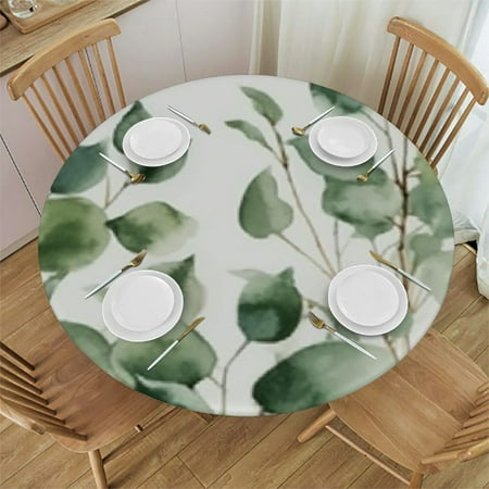 

Green Leaves Watercolor Floral Fitted Round Tablecloth Waterproof Table Cloth with Elastic Edge Wipe Clean