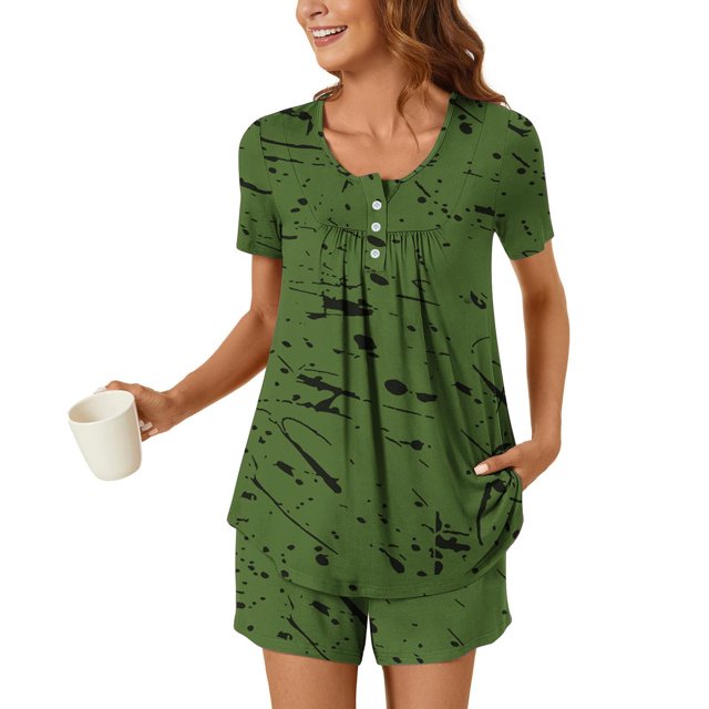 LOVZFMLL Pyjamas pour Femmes Décontractés Amples Confortables Ensemble de Détente d'Été avec Poches Vert Armée A S