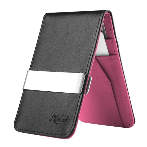 Zodaca Horizontal Genuine Leather Card Holder Wallet with Money Clip, Black/Hot Pink