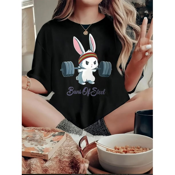 Camiseta divertida de entrenamiento con estampado de conejo para mujer, cuello redondo informal, manga corta, tejido de punto de algodón, elasticidad media, estampado animal, ajuste cómodo para todo e