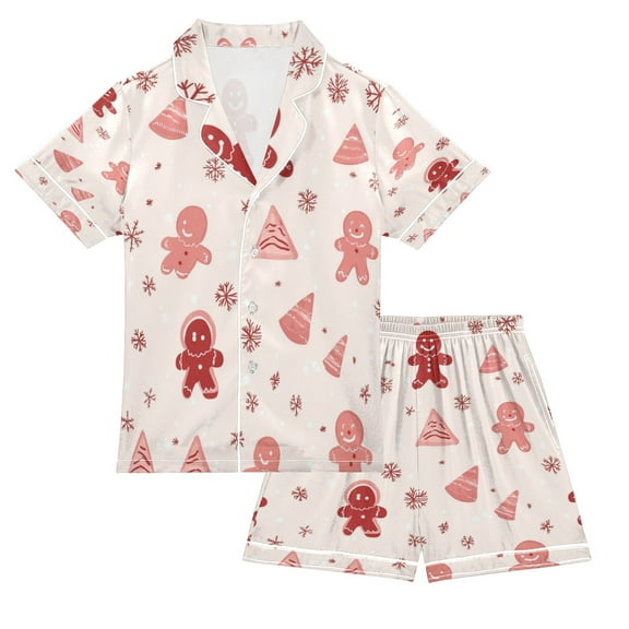 Silky Satin Kids' Pajama Set Breathable & Smooth Unisex Button-Down Pajamas Gingerbread Men Pattern