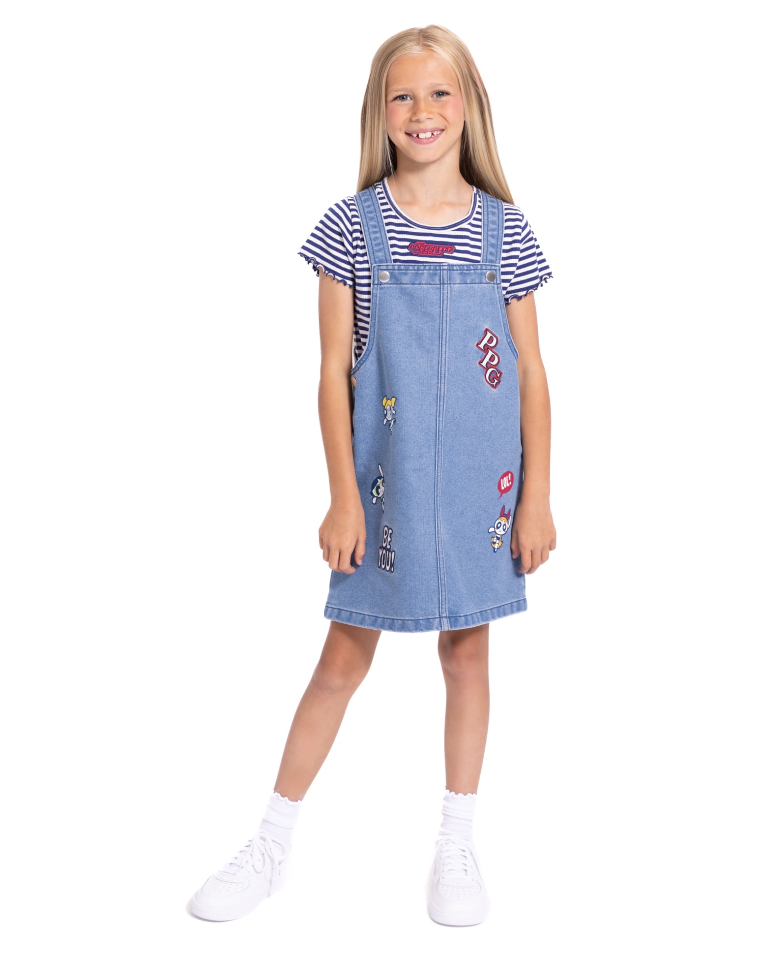 Powerpuff Girls Girls Graphic Ribbed Tee and Denim Jumper Dress Set, 2 Piece, Sizes 4-12