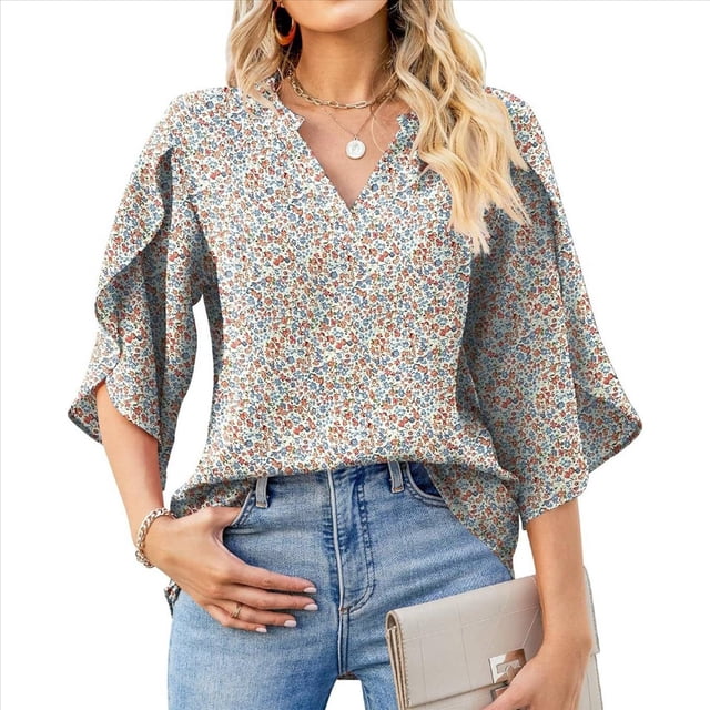 Blusas de Mujer con Mangas 3/4 y Cuello en V Holgado con Estampado de Pétalos de , Blusas de Trabajo de Negocios Floral M