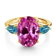 thumbnail image 3 of Gem Stone King 6.80 Ct Pink Created Sapphire London Blue Topaz 18K Yellow Gold Plated Silver 3-Stone Engagement Ring, 3 of 6