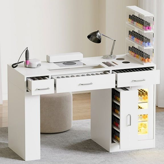 Advwin Manicure Table Nail Tech Desk with Glass Top Drawer, LED Lights, Dust Collector, Wireless Charging & Movable Shelves, Acetone-Resistant Salon Workstation, White
