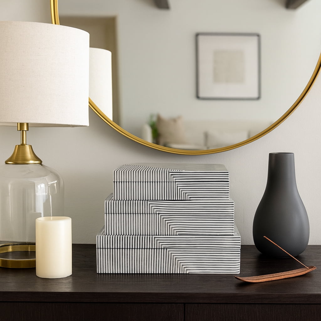 Striped Storage Box with Lid for Home Decor - Living Room Organizer for Coffee Table and Office Desk - Storage Boxes for Jewelry and Keepsake - Set of 3, 4", 3", 3", Black & White