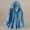 thumbnail image 2 of hoksml Women's Denim Shacket with Hood, Long Sleeve Button Down Oversized Top, Relaxed Fit Utility Jacket with Pockets for Daily Casual Outfit, 2 of 9