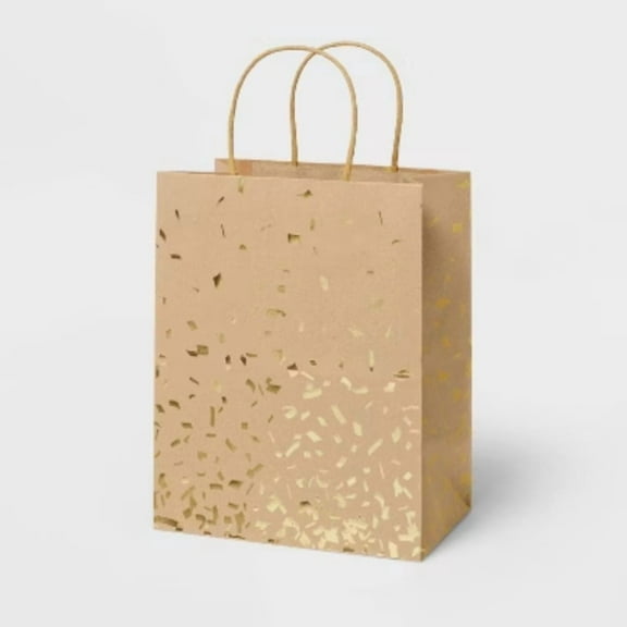 Small Foil Confetti Print Kraft Gift Bag Natural/Gold - Spritz: Paper, 9.75" H, 7.75" W, 4.75" D, Striped Pattern, All Occasions
