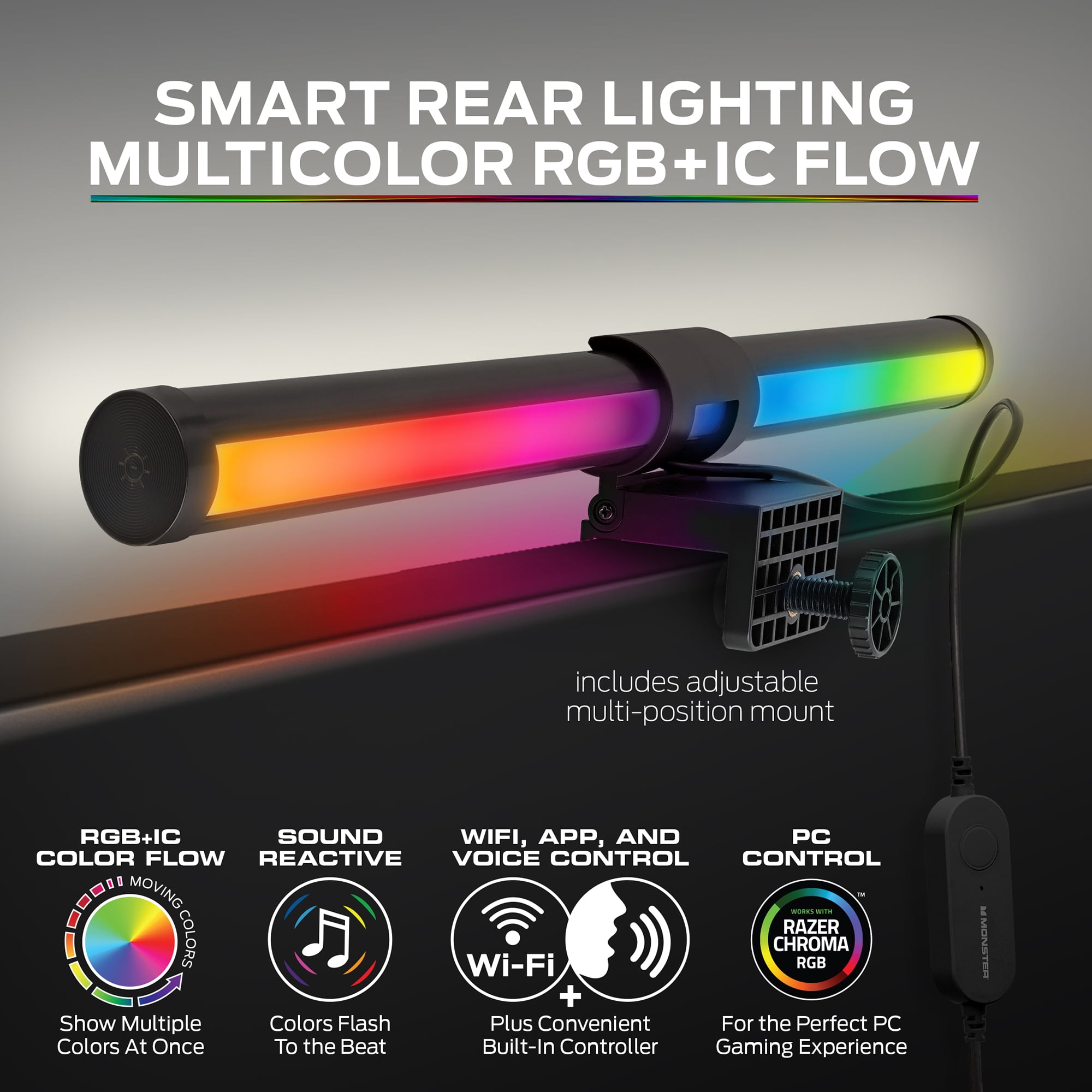 (3 pack) Monster LED Duo Monitor Light Bars with Smart Color Control & Razer Chroma Integration, for Christmas, Halloween, Party, Gameday and More