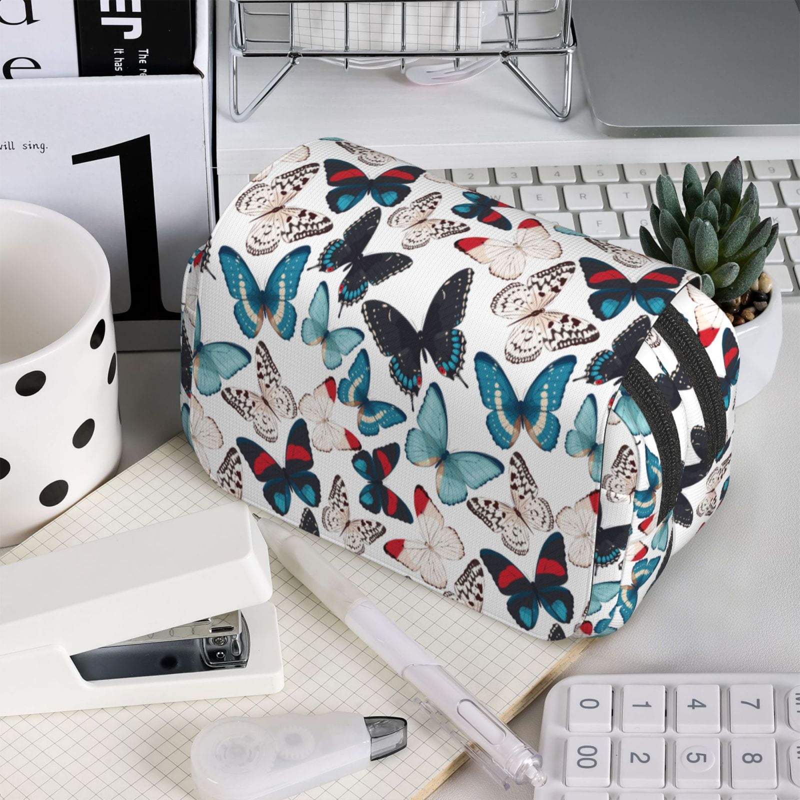 Rateoe Butterfly Pattern Double Clamshell Pen Case, Storage Organizer with Two Zipper Compartments– Holds Up to 50 Pencils & Pens