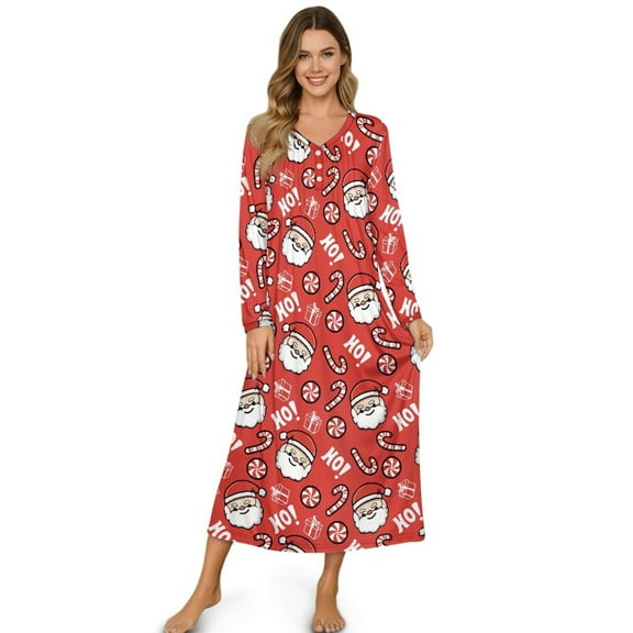 Tutolipy Christmas Nightgowns Santa Claus Printed Sleepwear V Neck Night Dress Ho Ho Printed Printed Loungewear for Home, M