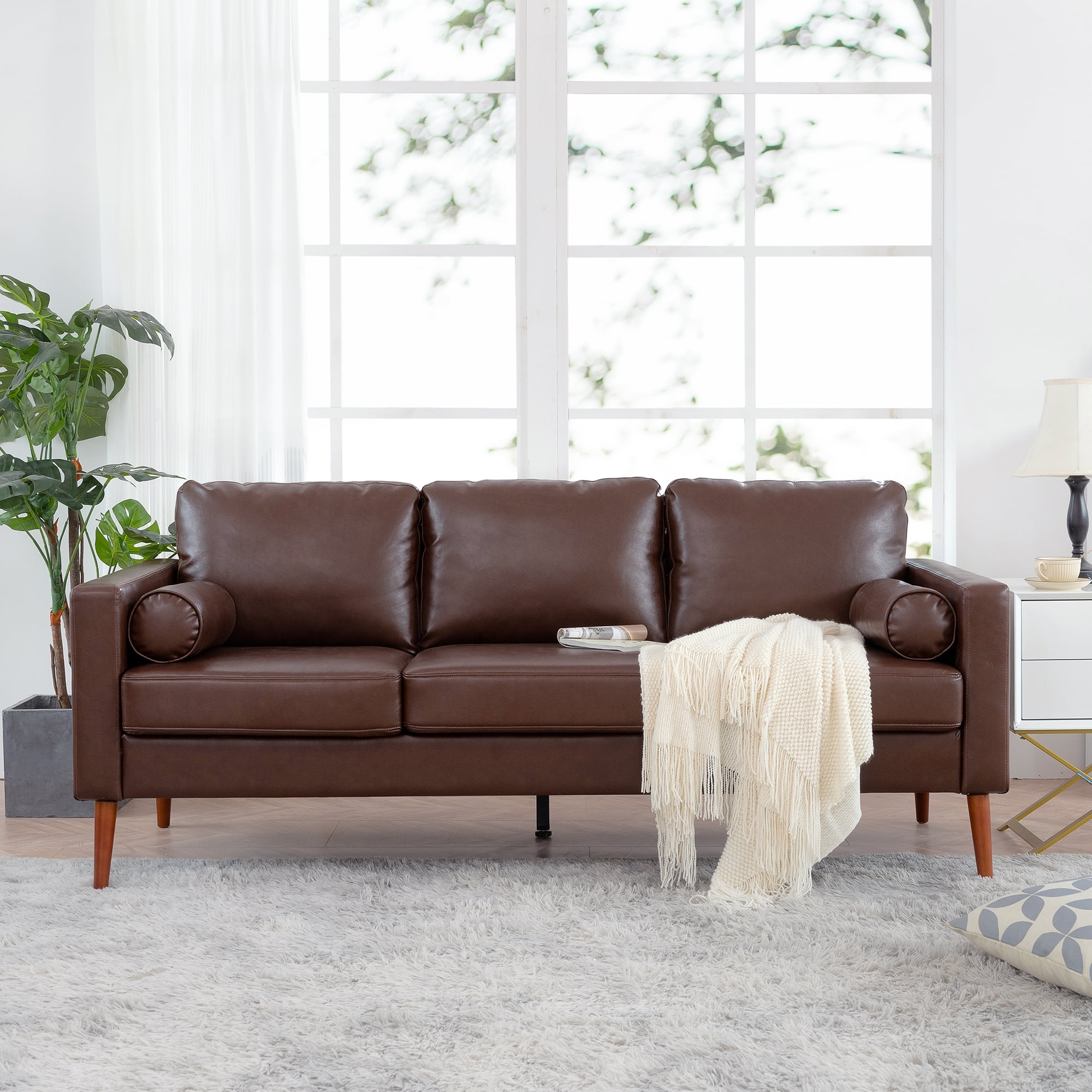 Spacp 3 Seat Small Couches For Living Room PU Sofe with 2 Soft Pillows, Brown Spacp 3 Seat Small Couches For Living Room PU Sofe with 2 Soft Pillows, Brown