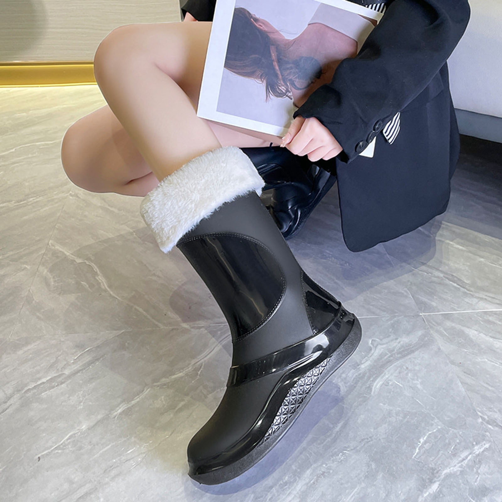 Wensltd Long Rain Boots for Women Waterproof Wide Calf Boots for Women Warm Fashion Outdoor Work Boots
