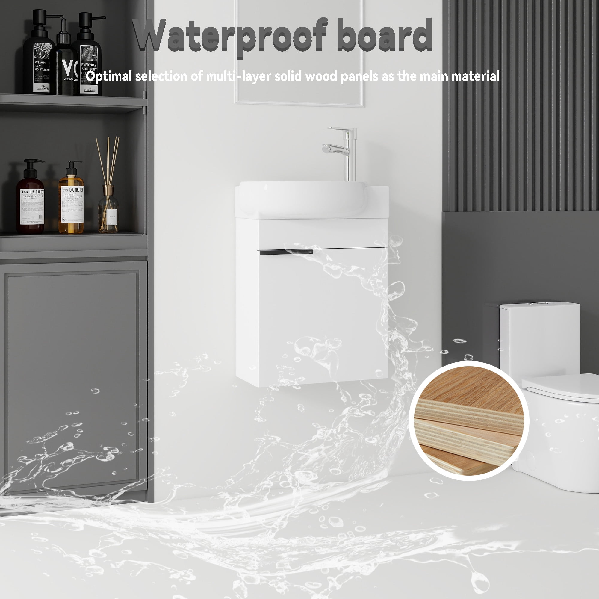 Leumius 16" Wall-Mount Bathroom Vanity Cabinet with with Ceramic Sink & Soft‑Close Doors for Small Space,Bathrooms,White