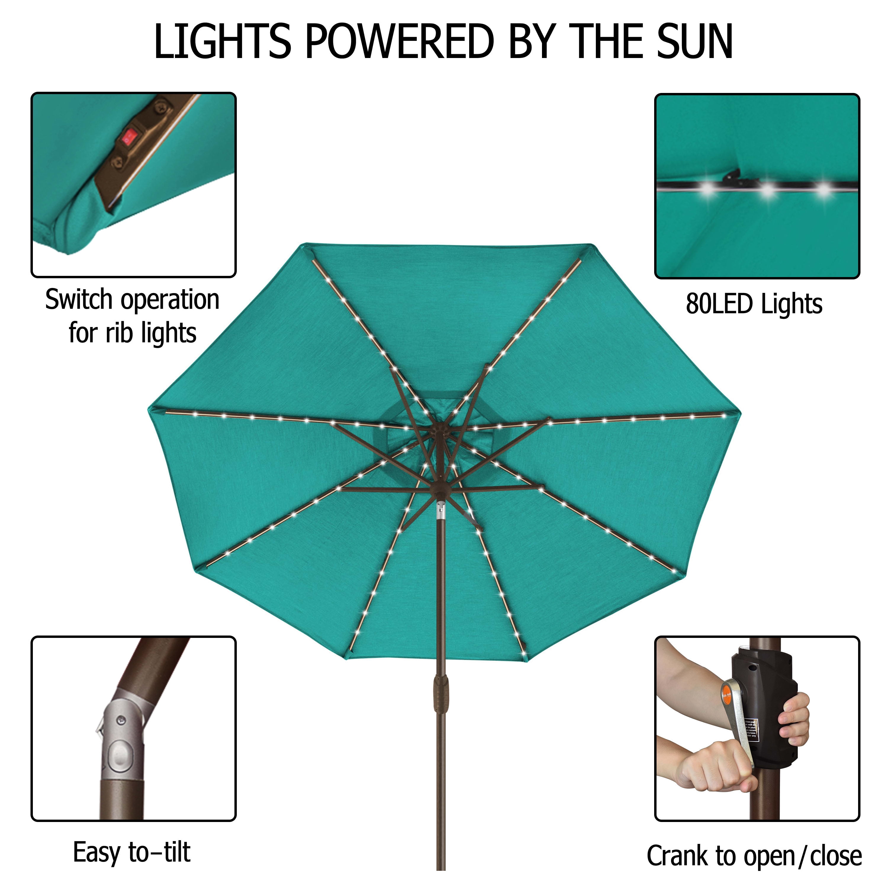 EliteShade Sunbrella Solar Umbrellas 9ft Market Umbrella with 80 LED Lights Patio Umbrellas Outdoor Table Umbrella with Ventilation and 5 Years Non-Fading Top,Turquoise