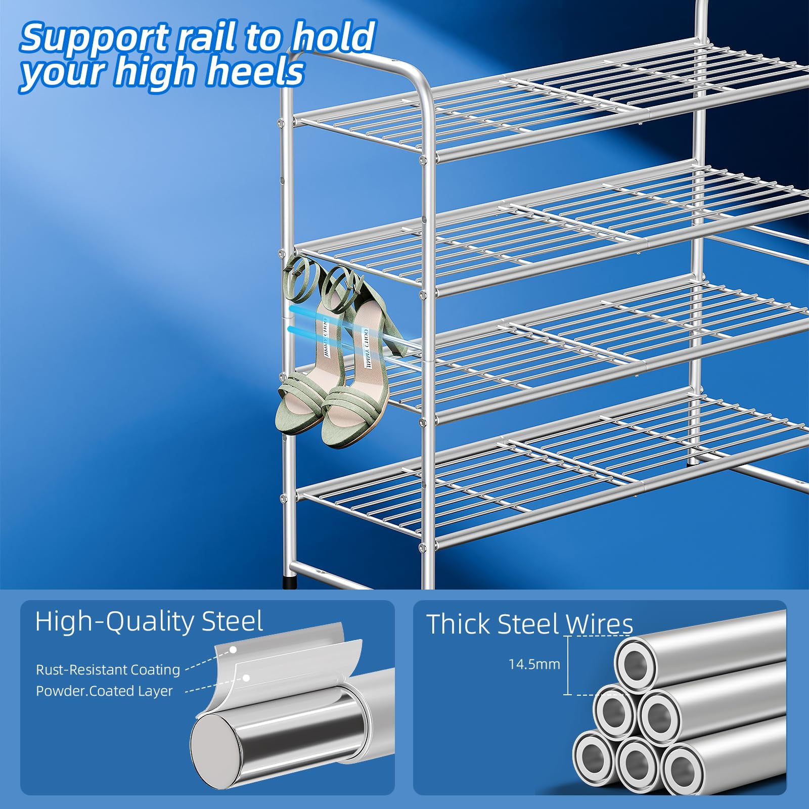 3-Tier Metal Shoes Rack for Closet, 33" Wide Shoe Storage Organizer, Silver