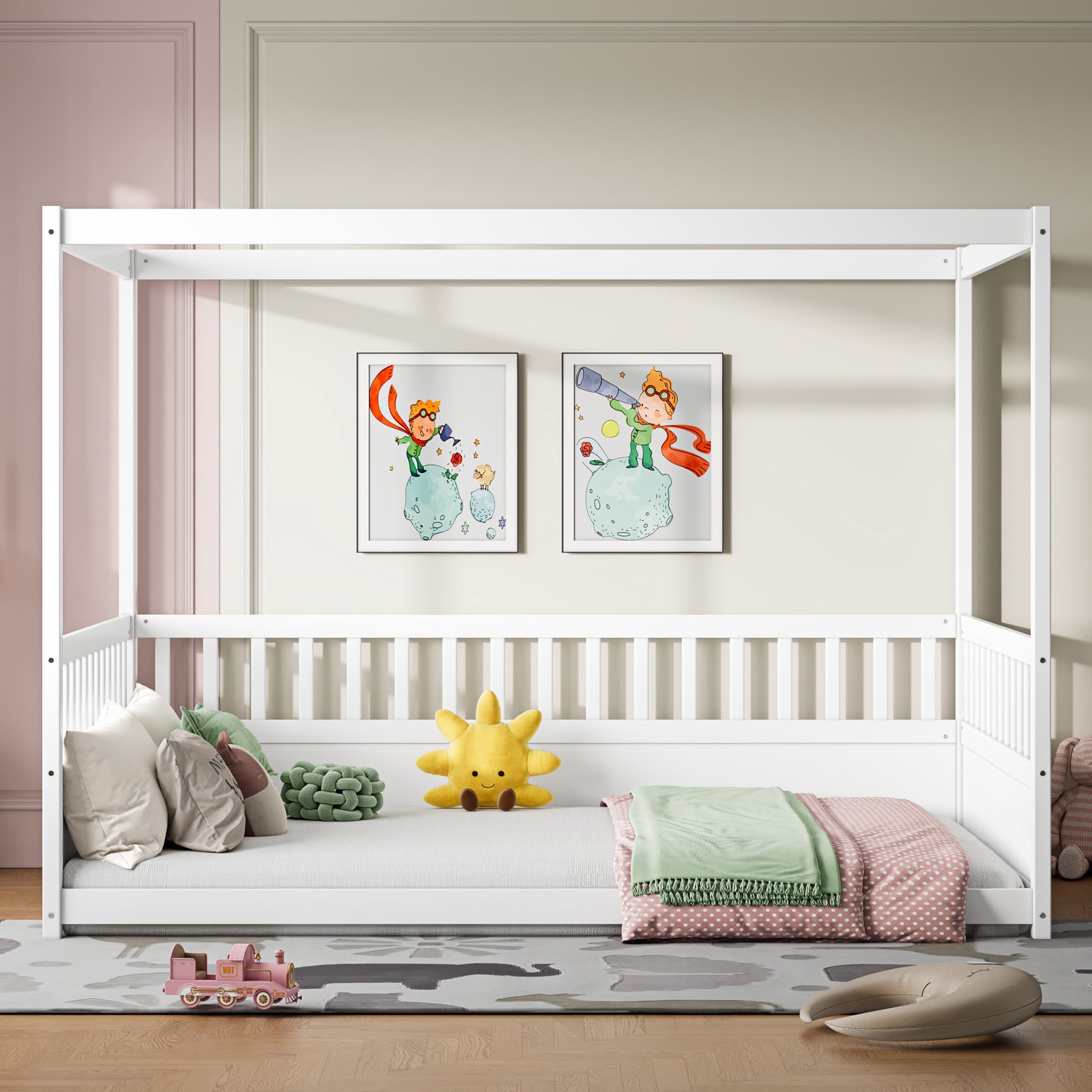Noble House Full Size Montessori Canopy Floor Bed with 21.45" Guardrails, Bed Frame for Kids, White