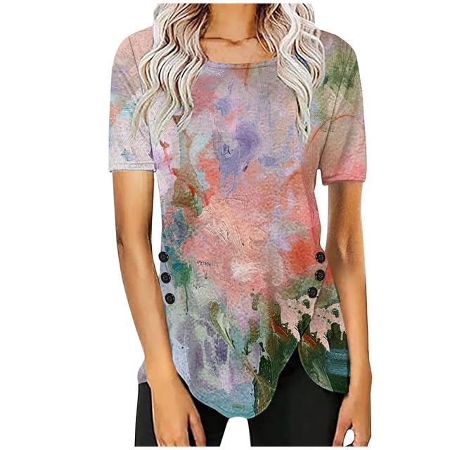 Blusas de Manga Corta para las Mujeres Botón Impreso Cuello Redondo Top Casual, Blusas para las Mujeres Casual