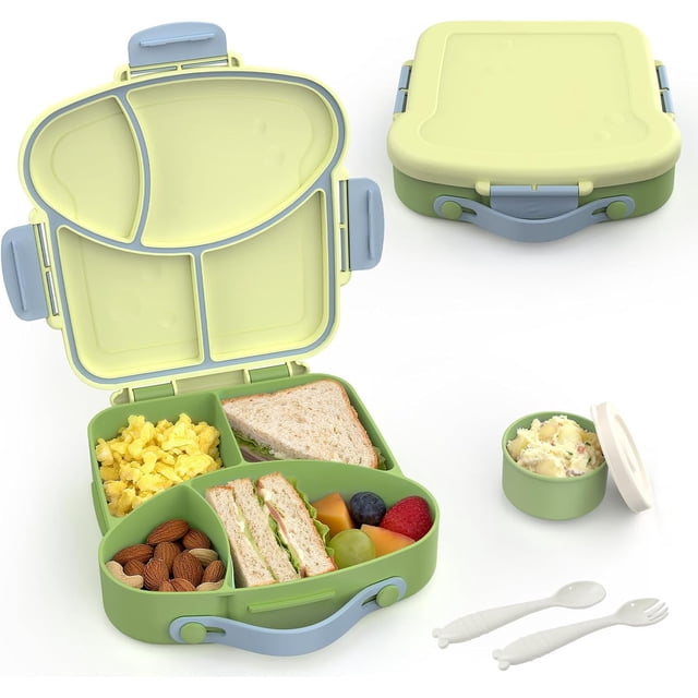 Lonchera Bento Niño, Bento Box Kids de 4 Compartimentos, Lonchera para Niños a Prueba de Fugas con Asa, con Tenedor y Cuchara, Contenedor de Bocadillos de Frutas para la Escuela y Picnic (Verde)