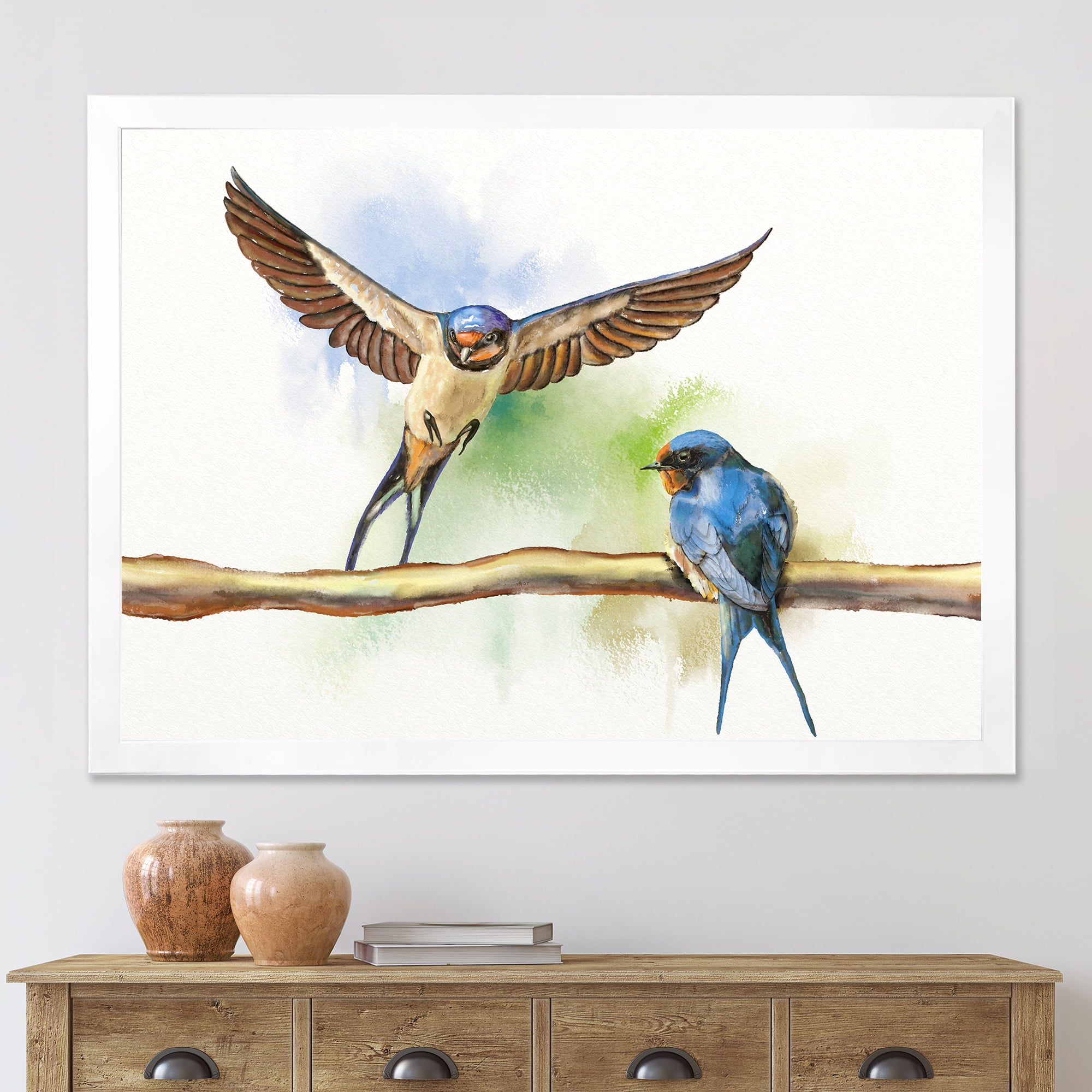 Designart 'Two Barn Swallows Birds On Branch' Farmhouse Framed Art Print