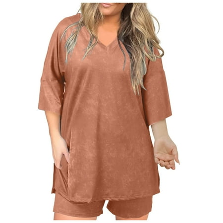 OJSFQUFP Shorts Outfits for Women 2 Piece Sets Red Women Fashion Comfortable V Neck Short Sleeve T Shirt High Waist Shorts Set Casual Two Piece Set L