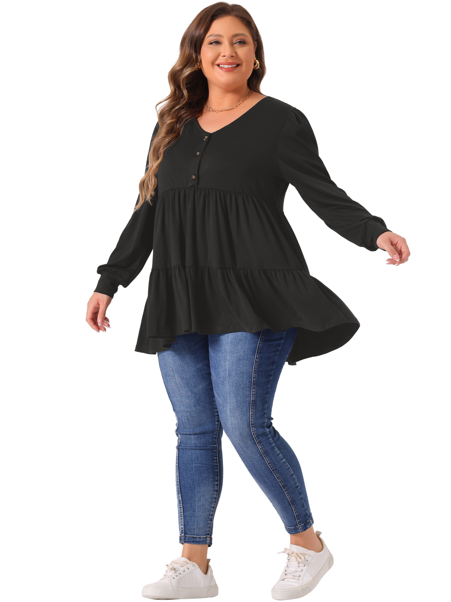 DARING DIVA Women's Plus V Neck Long Sleeve Peplum Babydoll Top 1X Black