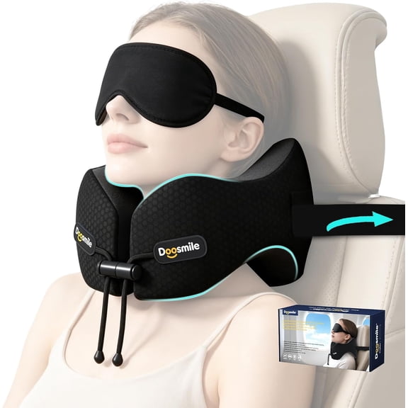 Patented Head-Bobble-preventing Ergonomic 360° Supporting Golden Formula Memory Foam Travel Neck Pillow w/3D Contoured Eye Mask Set Long Trip Sleeping Essentials for Airplane Flight Car Bus