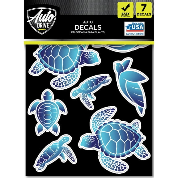 Auto Drive Sea Turtle Decals - Set of 7 Vinyl Car Stickers Blue Chrome