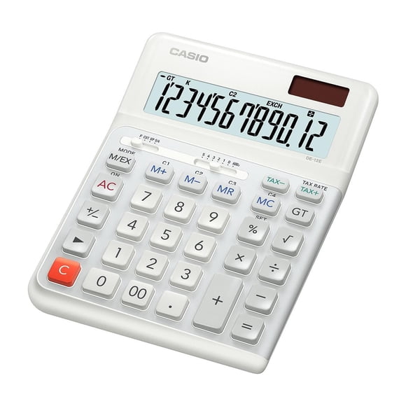 Calculadora de escritorio Casio DE-12E-WE con tecla de retroceso y diseño ergonómico