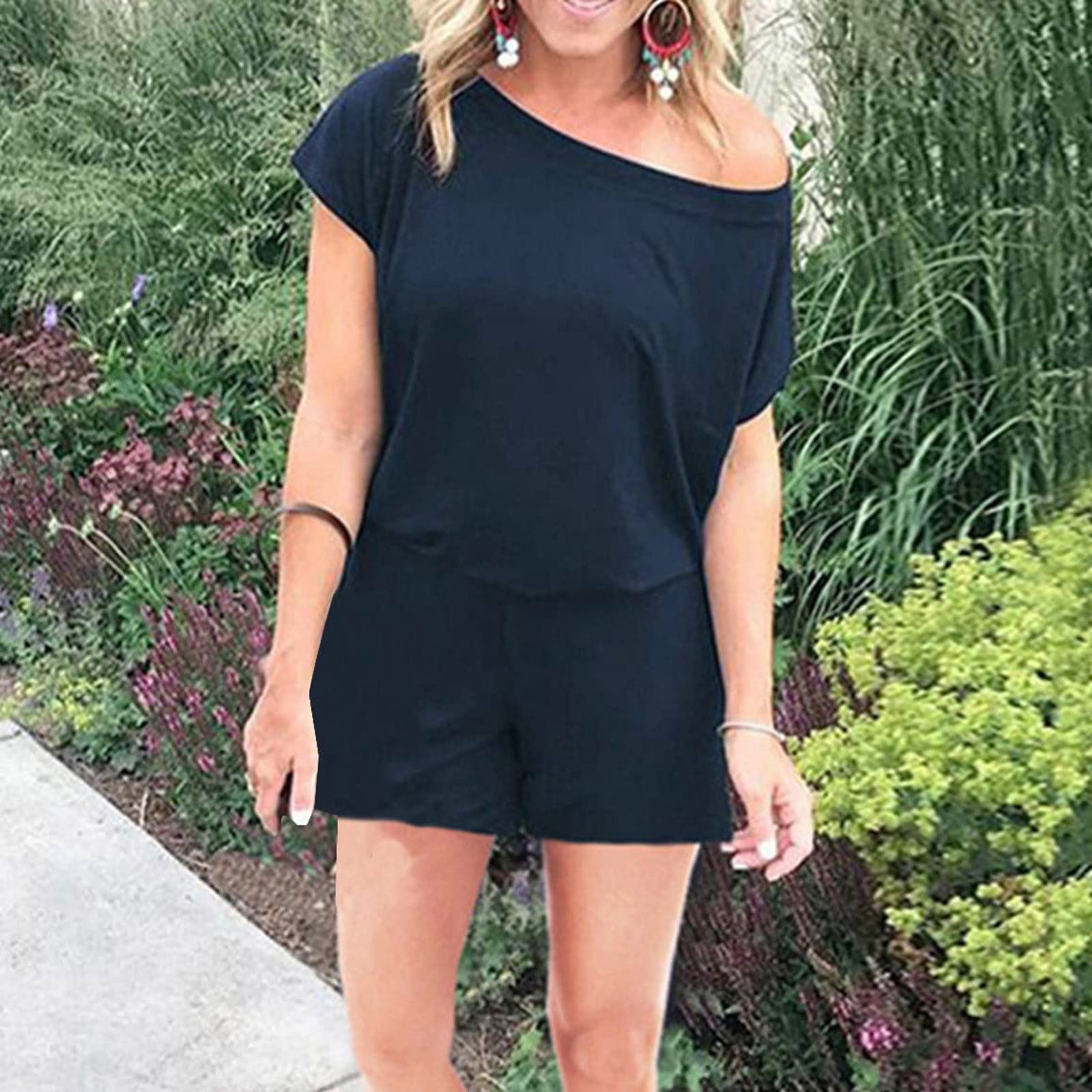jovatis Dressy Jumpsuits for Women Womens Fashion Summer Solid Casual Short Sleeve Suspender Short Jumpsuit