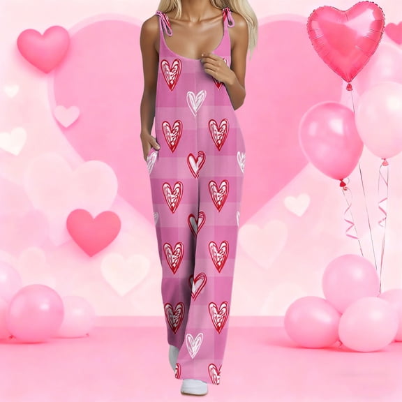 Valentine's Day One Piece Overall for Women Cute Heart Printed Wide Leg Rompers Trendy Valentine Vacation Outfits with Adjustable Straps