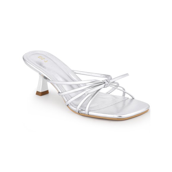 INSPIRE CHIC Women's Square Toe Strappy Strap Kitten Heels Slide Sandals Silver 8