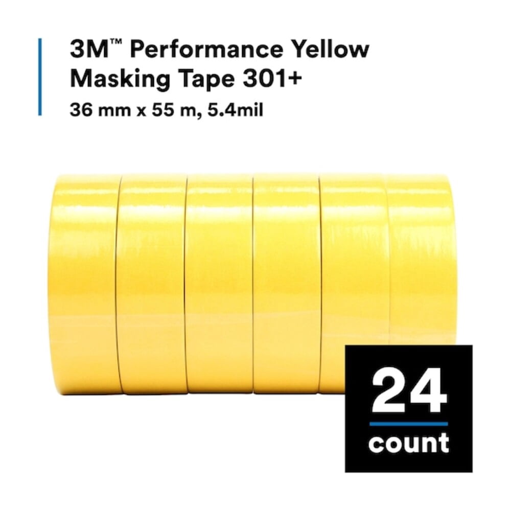 3M 301+ Performance Yellow Masking Tape, 1.5 Inches x 60 Yards