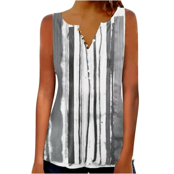 Summer Saving Wycnly Tank Tops for Women Casual Pleated Lightweight Button Tunic Vest Tops Summer Marbled Print V-Neck Sleeveless Shirts Fashion Blouses Gray XXL